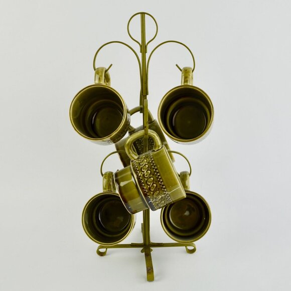 Vintage Avocado Green Japan Coffee Mugs Set of 6 With Storage Tree - Picture 5 of 10